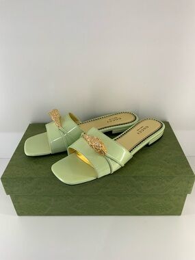 Pre Owned Gucci Sz 6.5 Mint Green Patent Slide Mules with Gold Embellishment